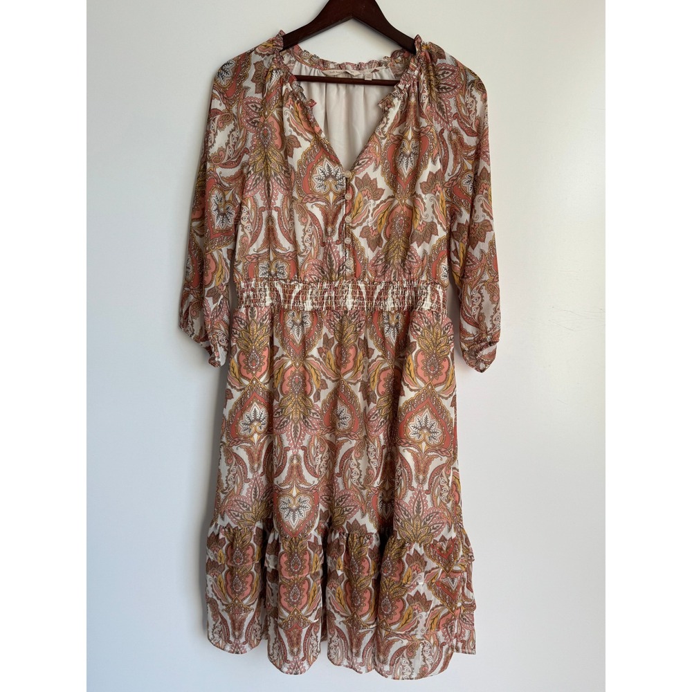 Soft‎ Surroundings Petite Medium Paisley Midi Dress Coral Smocked Waist 3GL71 PM